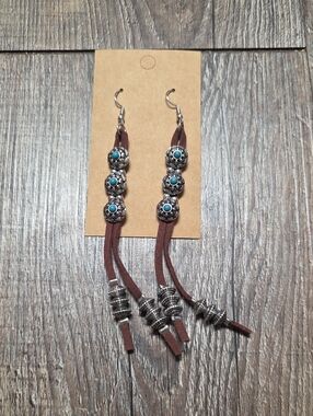 Home Made Handmade Brown Tassel Earrings with Turquoise Accents
